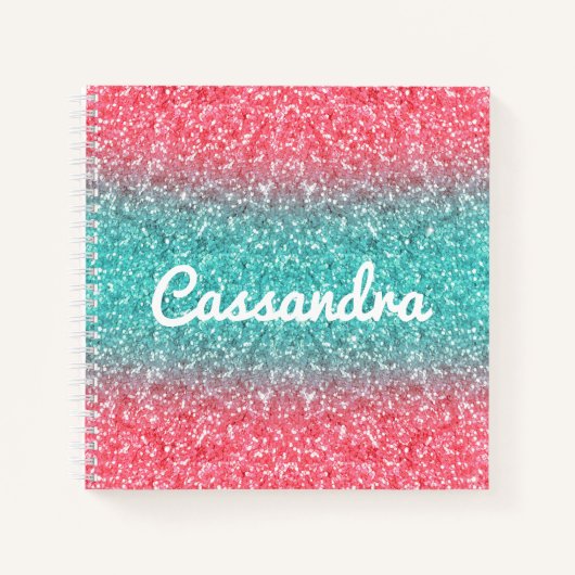 Roze Blau Ombre Glitter Monogram Schetsboek Notitieboek (Voorkant)