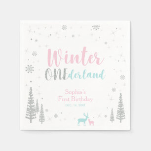 Roze & Blau Winter Onederland Meisje 1e Verjaardag Servet