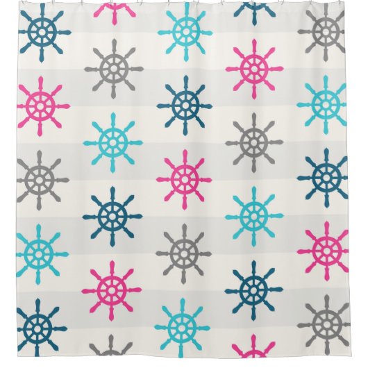 Roze blauw Aqua Gray Nautical Wheel Showgordijn Douchegordijn (Voorkant)