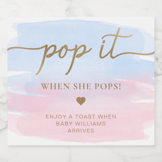 Roze Blauw Aquarel Baby shower Mousserende Wijn L Sparkling Wijnetiket (Enkel label)