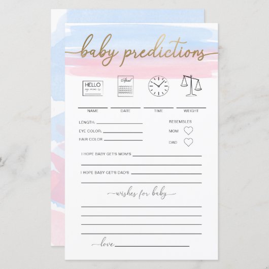 Roze Blauw Aquarel Baby Voorspellingen Spel (Voorkant / Achterkant)