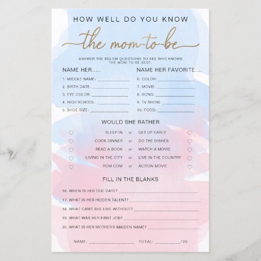 Roze Blauw Aquarel Goud Know The Mom-to-be Game (Voorkant)