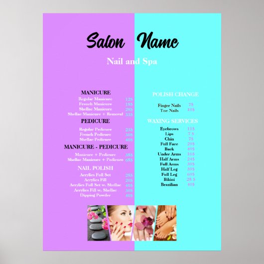 Roze Blauw Beauty Nail Salon Prijs Lijst menu Poster (Voorkant)