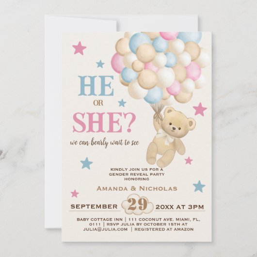 Roze Blauw Beige Beren ballon & Sterren Geslacht o Kaart (Voorkant)