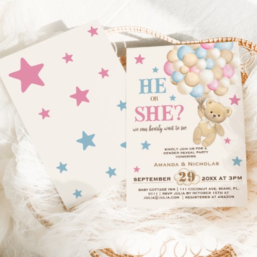Roze Blauw Beige Beren ballon & Sterren Geslacht o Kaart