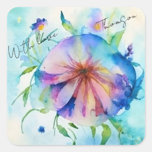 roze, blauw bindwietbloem, waterverf, vierkante sticker
