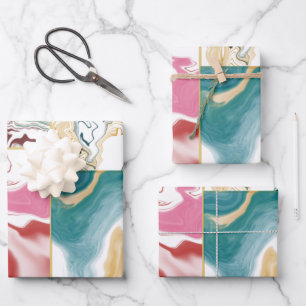 Roze blauw blauwgroen gouden retro Abstract marmer Inpakpapier Vel