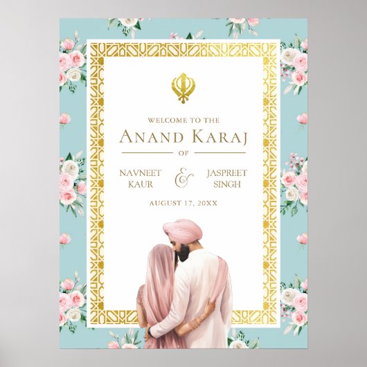 Roze Blauw Bloemen Anand Karaj Bruiloft Welkomstbo Poster (Voorkant)