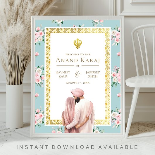 Roze Blauw Bloemen Anand Karaj Bruiloft Welkomstbo Poster