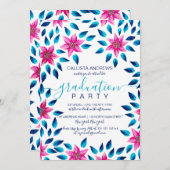 Roze Blauw Bloemen Blad Acryl Verf Afstuderen Kaart (Voorkant / Achterkant)