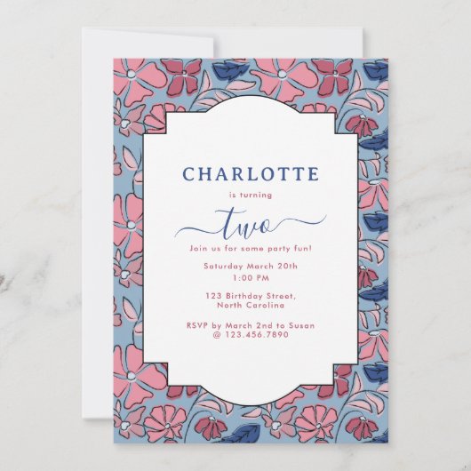 Roze Blauw Bloemen Blok Print Meisje Verjaardagsfe Kaart (Voorkant)