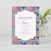 Roze Blauw Bloemen Blok Print Meisje Verjaardagsfe Kaart (Staand voorkant)