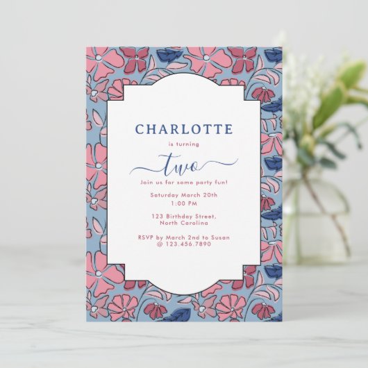 Roze Blauw Bloemen Blok Print Meisje Verjaardagsfe Kaart (Staand voorkant)