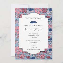 Roze Blauw Bloemen Blok Print Pensioenfeest Kaart