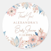 Roze Blauw Bloemen Boho Chic Baby shower Dank u Ronde Sticker (Voorkant)
