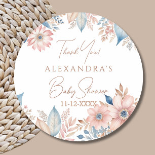 Roze Blauw Bloemen Boho Chic Baby shower Dank u Ronde Sticker