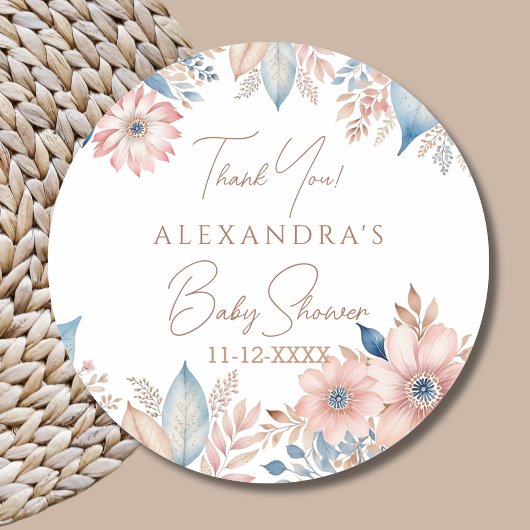 Roze Blauw Bloemen Boho Chic Baby shower Dank u Ronde Sticker
