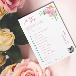 Roze & Blauw Bloemen Bruiloft I Spy Hunt Game Kaar Kaart
