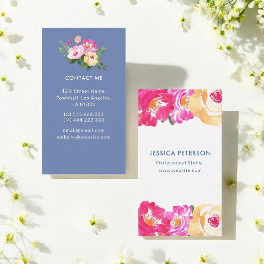 Roze Blauw Bloemen Chique Bruiloft Planner Visitekaartje