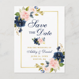 Roze Blauw Bloemen Elegant Goud Save the Date Aankondigingskaart