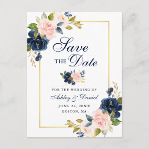 Roze Blauw Bloemen Elegant Save the Date Aankondigingskaart