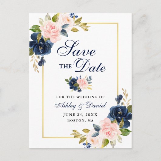 Roze Blauw Bloemen Elegant Save the Date Aankondigingskaart (Voorkant)