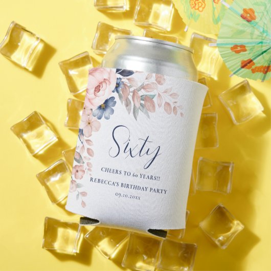 Roze Blauw Bloemen Elegant Script 60th Verjaardag Blikjeskoeler (Insitu Zomer)
