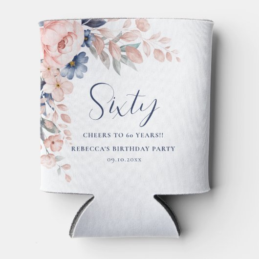 Roze Blauw Bloemen Elegant Script 60th Verjaardag Blikjeskoeler (Voorkant)