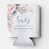 Roze Blauw Bloemen Elegant Script 60th Verjaardag Blikjeskoeler (Achterkant)