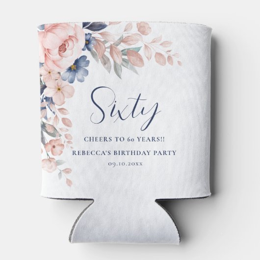 Roze Blauw Bloemen Elegant Script 60th Verjaardag Blikjeskoeler (Achterkant)