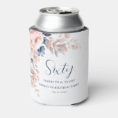 Roze Blauw Bloemen Elegant Script 60th Verjaardag Blikjeskoeler (Blikje Achterkant)