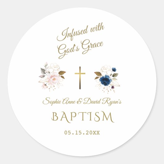 Roze Blauw Bloemen Goud Kalligrafie Tweelingen Doo Ronde Sticker (Voorkant)