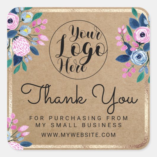 Roze Blauw Bloemen Goud Waterverf Kraft Dank u Vierkante Sticker (Voorkant)