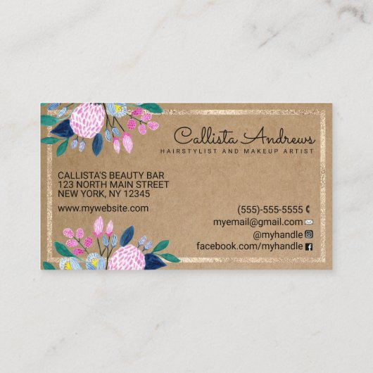 Roze Blauw Bloemen Goud Waterverf Kraft Papier Visitekaartje (Achterkant)