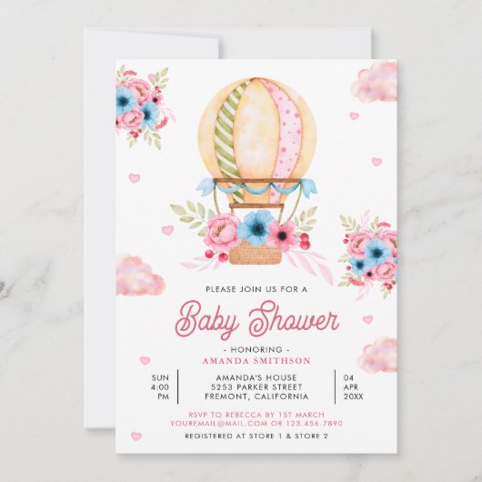 Roze Blauw Bloemen Hete Luchtballon Meisje Baby sh Kaart (Voorkant)