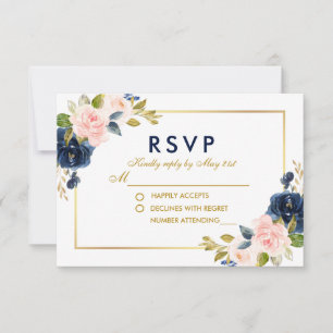 Roze Blauw Bloemen Huwelijk RSVP Goud Kaartje