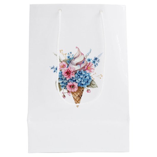 Roze Blauw Bloemen Ijs Cone Verjaardag Medium Cadeauzakje (Achterkant)