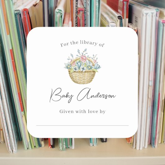 Roze Blauw Bloemen Mand Baby shower Bookplate Vierkante Sticker