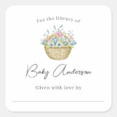 Roze Blauw Bloemen Mand Baby shower Bookplate Vierkante Sticker (Voorkant)