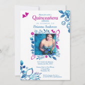 Roze & Blauw Bloemen Quinceañera Uitnodiging (Voorkant)
