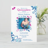 Roze & Blauw Bloemen Quinceañera Uitnodiging (Staand voorkant)