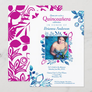 Roze & Blauw Bloemen Quinceañera Uitnodiging