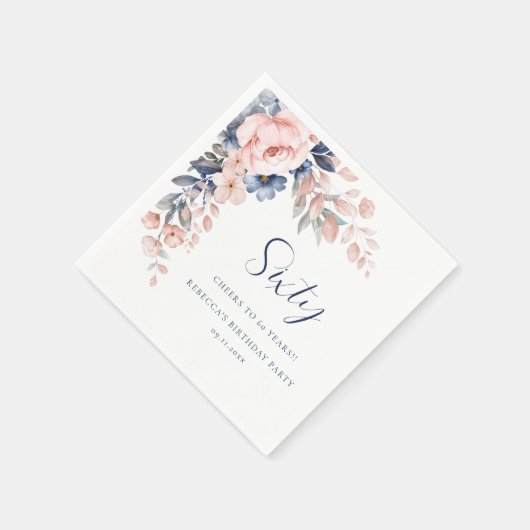Roze Blauw Bloemen Script 60e Verjaardag Party Pap Servet (Hoek)