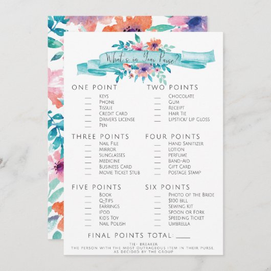 Roze Blauw Bloemen Vrijgezellenfeest Purse Game Kaart (Voorkant / Achterkant)