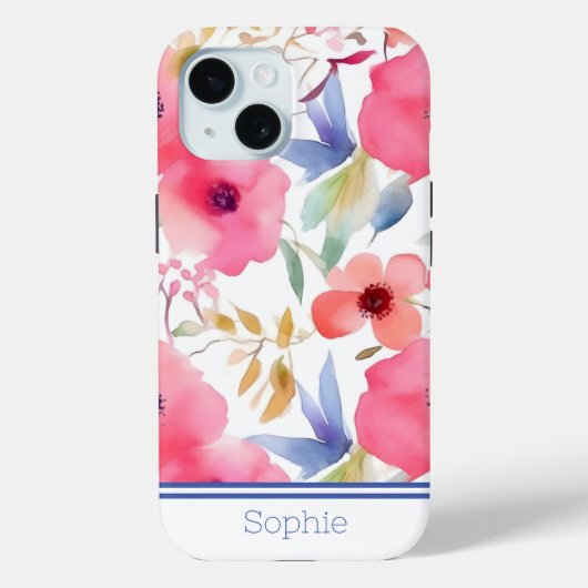 Roze & Blauw Bloemen Waterverf Custom Case-Mate iPhone Case (Achterkant)