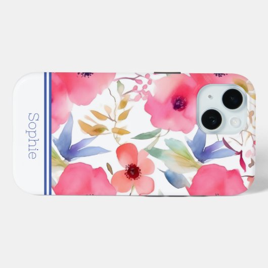 Roze & Blauw Bloemen Waterverf Custom Case-Mate iPhone Case (Achterkant (horizontaal))