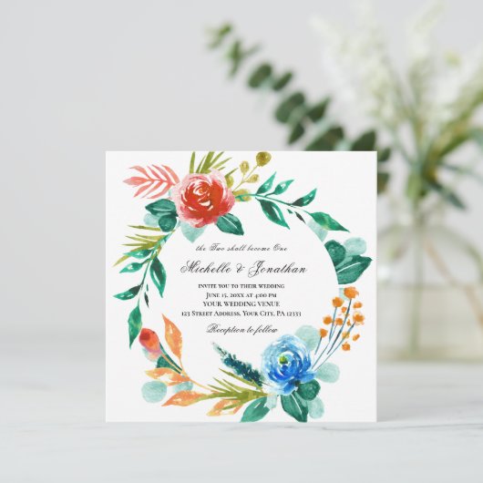 Roze Blauw Bloemenkrans Christelijk Bijbelhuwelijk Kaart (Staand voorkant)