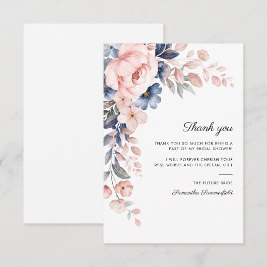 Roze Blauw Bloemig Script Bruidsmeisje Borrel Bedankkaart (Voorkant / Achterkant)