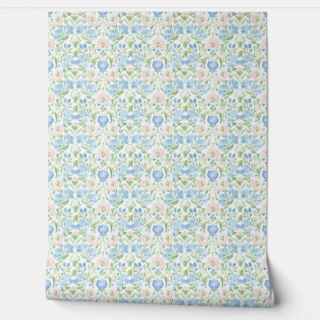 Roze Blauw Bloemmotief Behang (Afrollen)