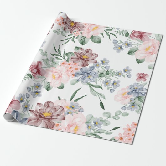 Roze & Blauw bloemontwerp inpakpapier (Uitgerold)
